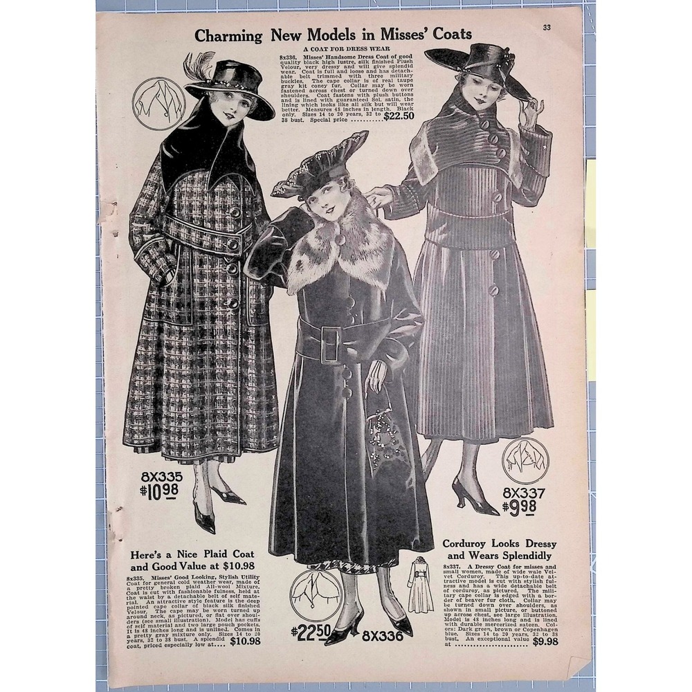 1917 Bellas Hess Misses Coats Womens Fashion Catalog Page Antique Ephemera